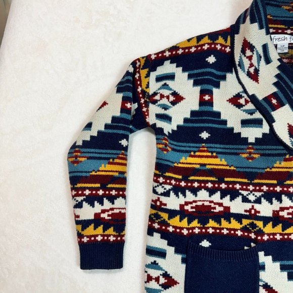 Fresh FX Wool Cardigan Aztec Print Blend Dark Multicolor Women's S/P Cozy Knit - Picture 5 of 16
